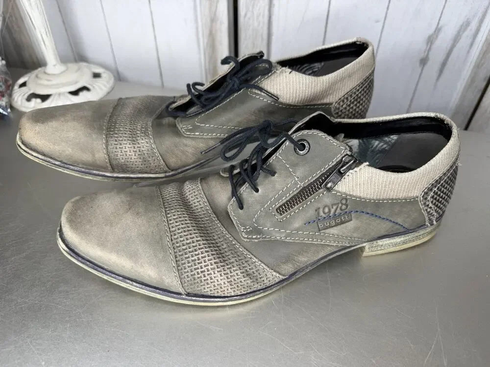 Bugatti Dress Oxford Lace Up Leather Shoes Gray Tan Blue Men’s Size 44 US 11